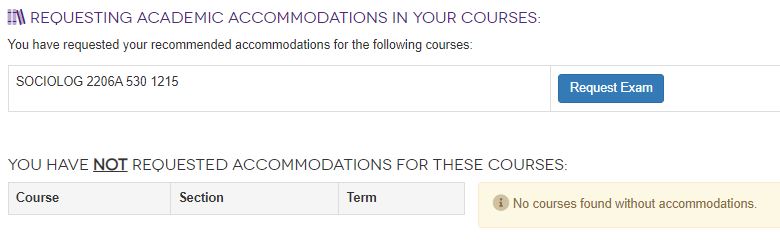 Screenshot showing window from exam portal for requesting exams